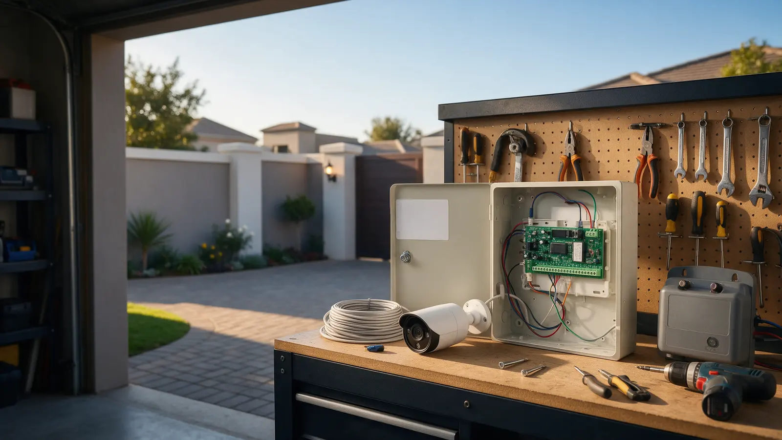Security installer workbench with an alarm panel, CCTV camera, fence energiser and tools