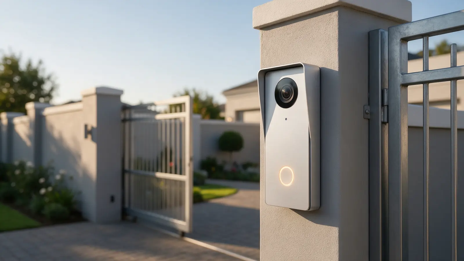 Video intercom gate station with a lit call button on a gate pillar beside a pedestrian gate