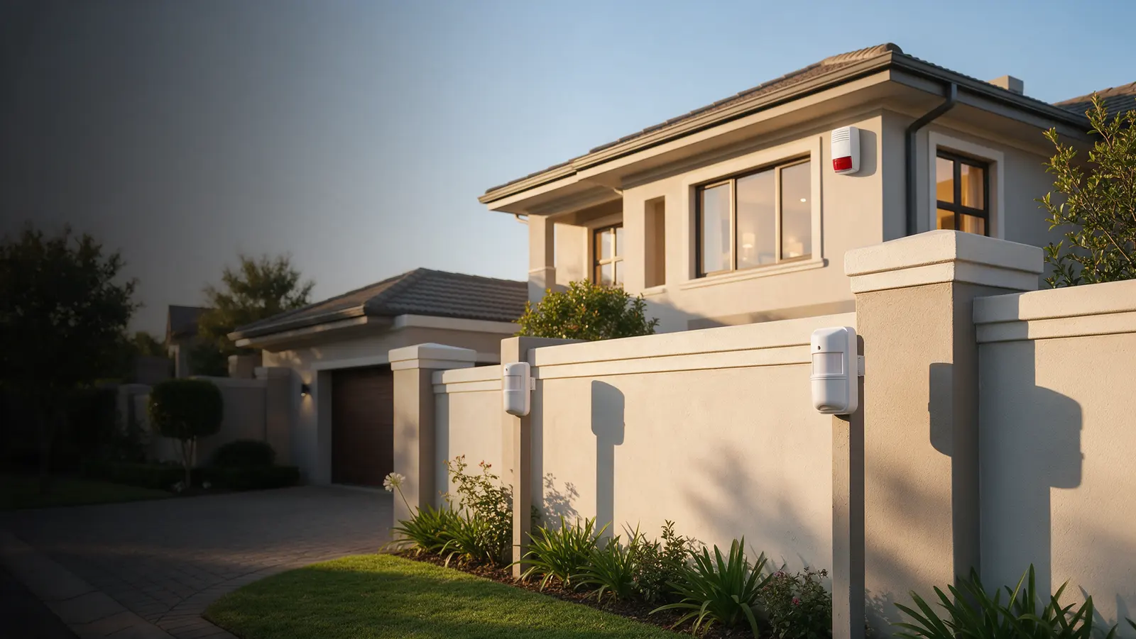 Outdoor alarm beam detectors along a garden wall and an alarm siren on a Johannesburg house at dusk