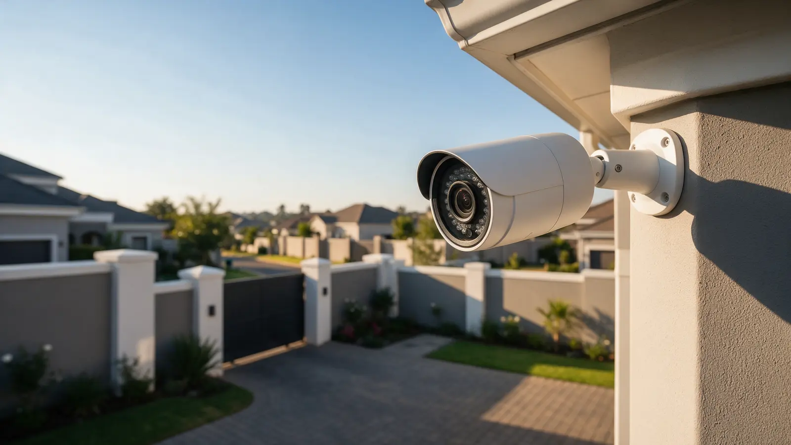 White bullet CCTV camera mounted on a house wall overlooking a paved driveway and gate