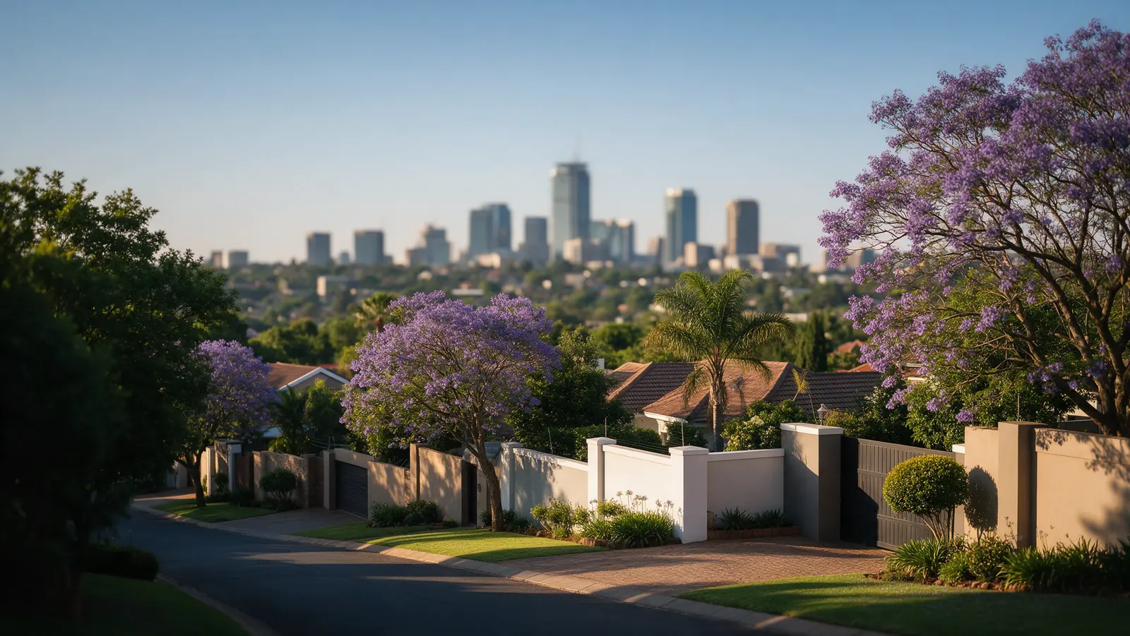 Johannesburg's northern suburbs with jacaranda trees and the city skyline in the distance