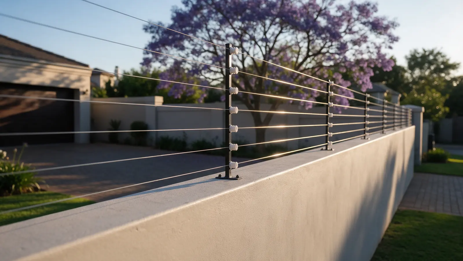A boundary wall with a neat electric fence of parallel strands on black brackets