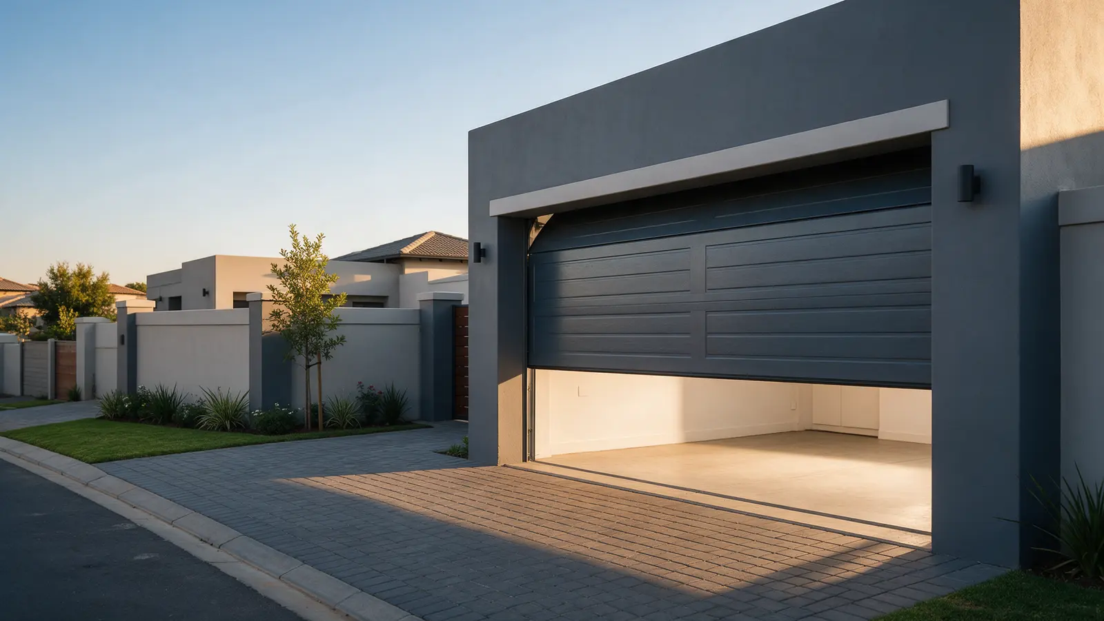 Charcoal double sectional garage door half open on a modern house, light spilling onto the driveway