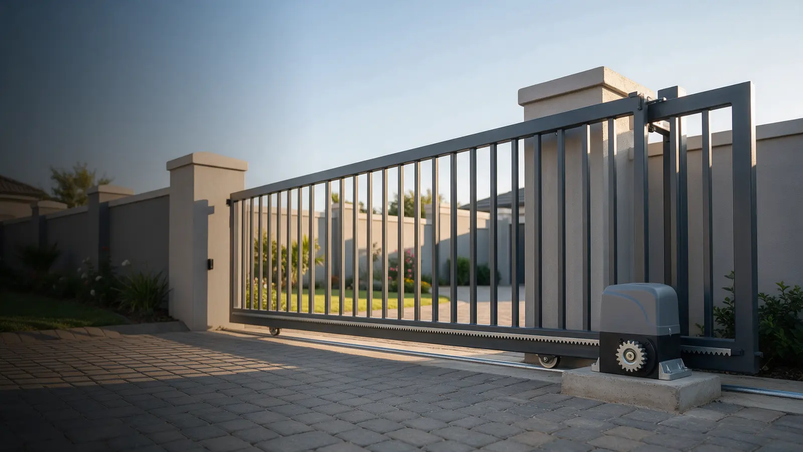 Steel sliding driveway gate with a gate motor and rack on a concrete plinth