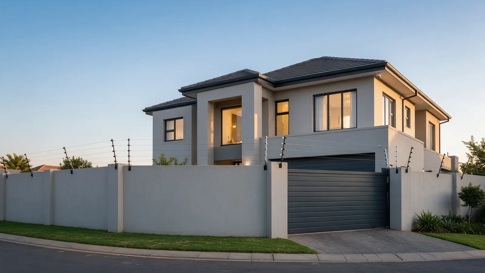Modern Johannesburg home at dusk behind a boundary wall with an electric fence, a closed sliding gate and a camera under the eaves