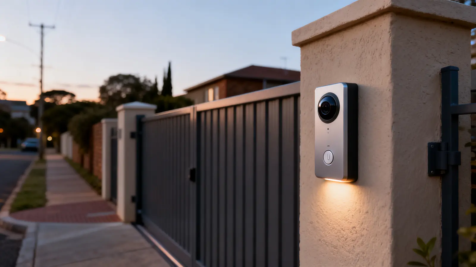 Intercom on a gate pillar beside a pedestrian gate
