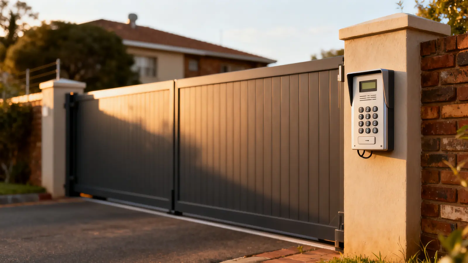 Intercom on a gate pillar beside a pedestrian gate