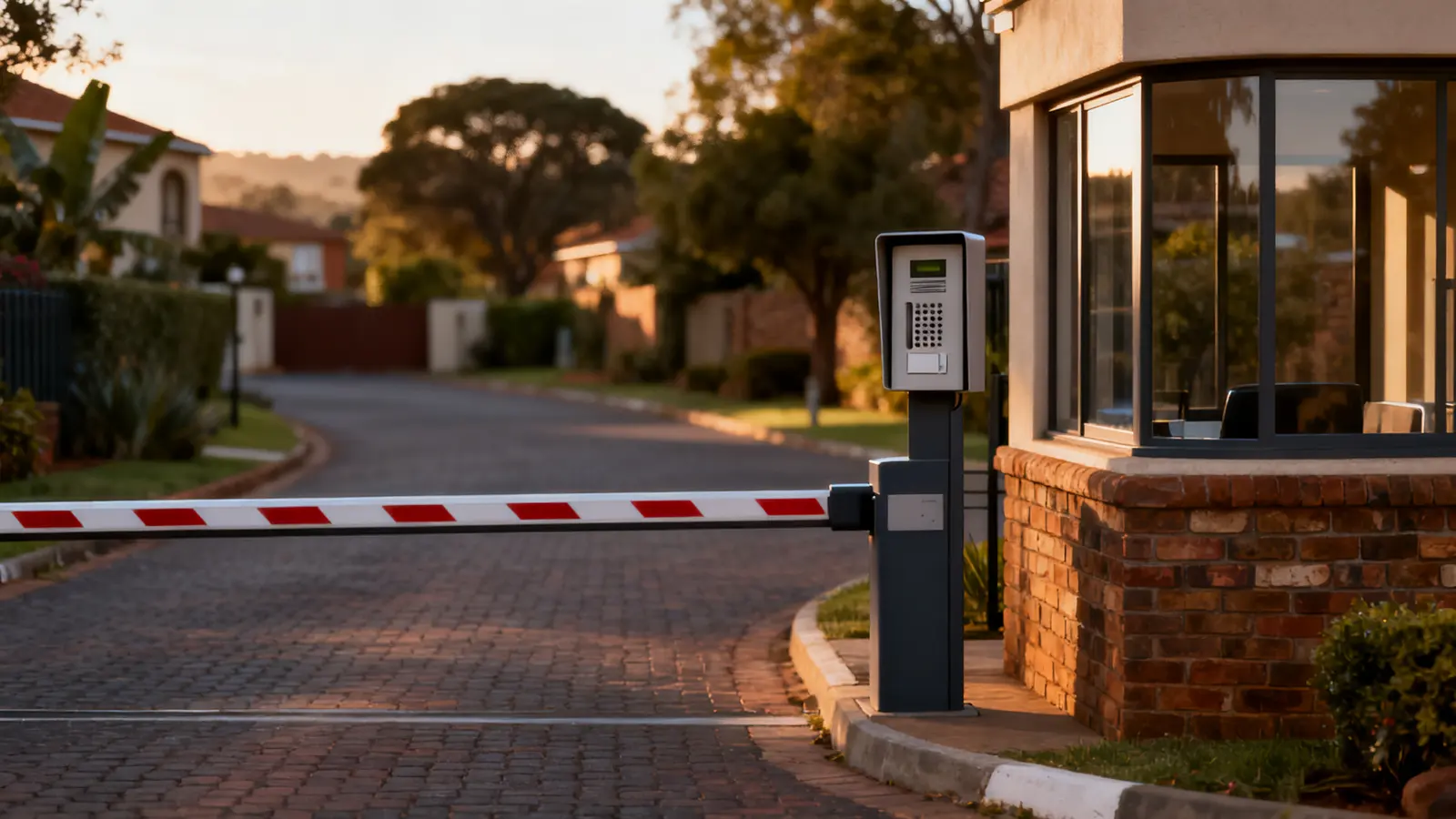 Intercom on a gate pillar beside a pedestrian gate