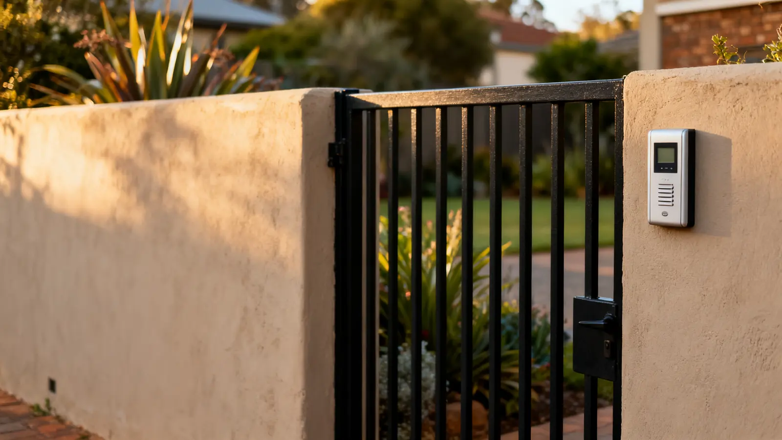Intercom on a gate pillar beside a pedestrian gate