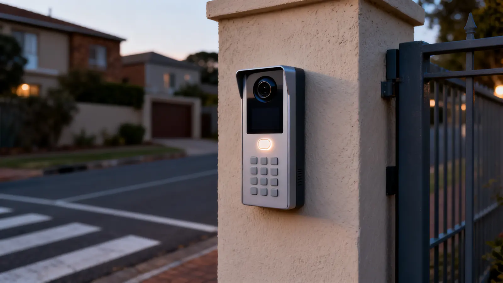 Intercom on a gate pillar beside a pedestrian gate