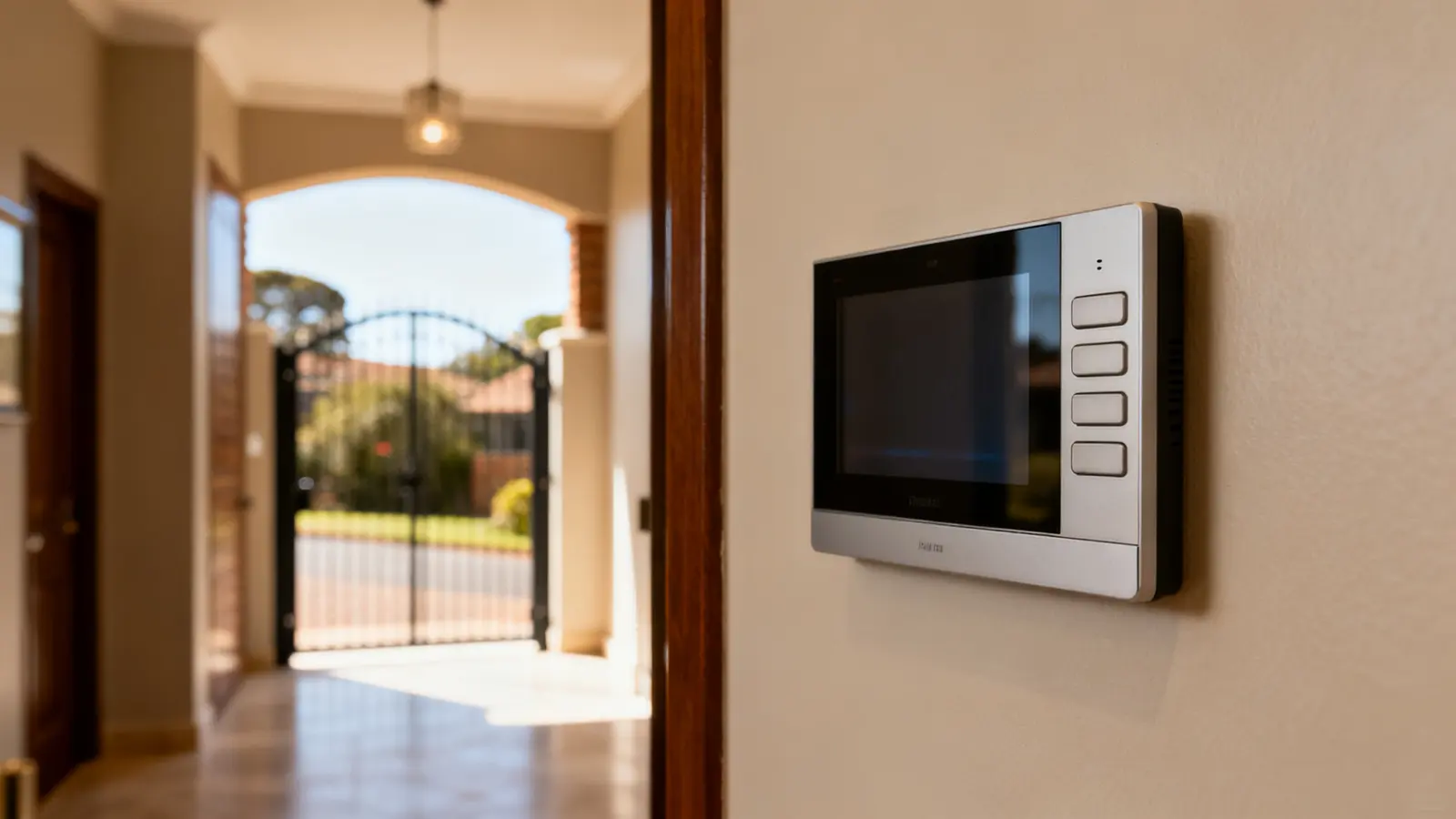 Intercom on a gate pillar beside a pedestrian gate