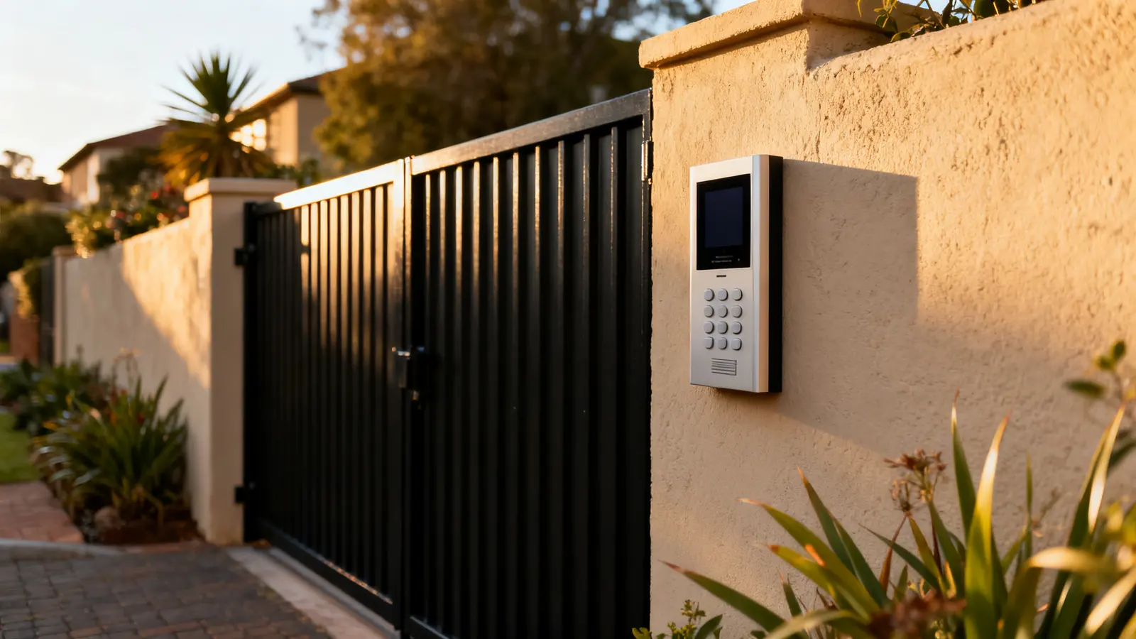 Intercom on a gate pillar beside a pedestrian gate