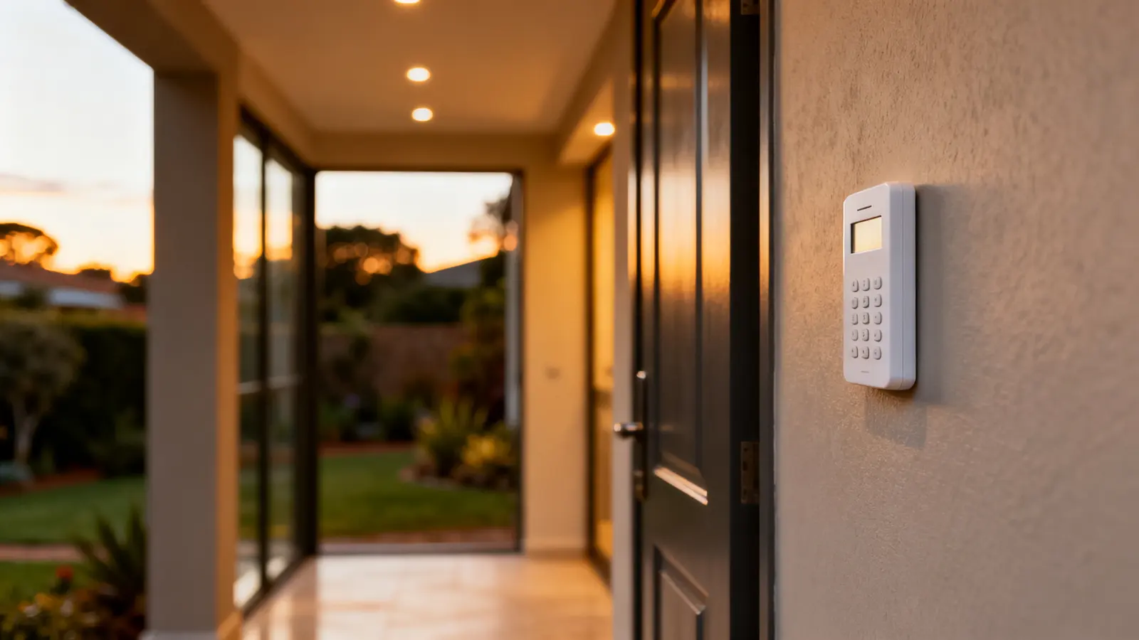 House behind a boundary wall at dusk with an alarm siren box and outdoor beam detectors
