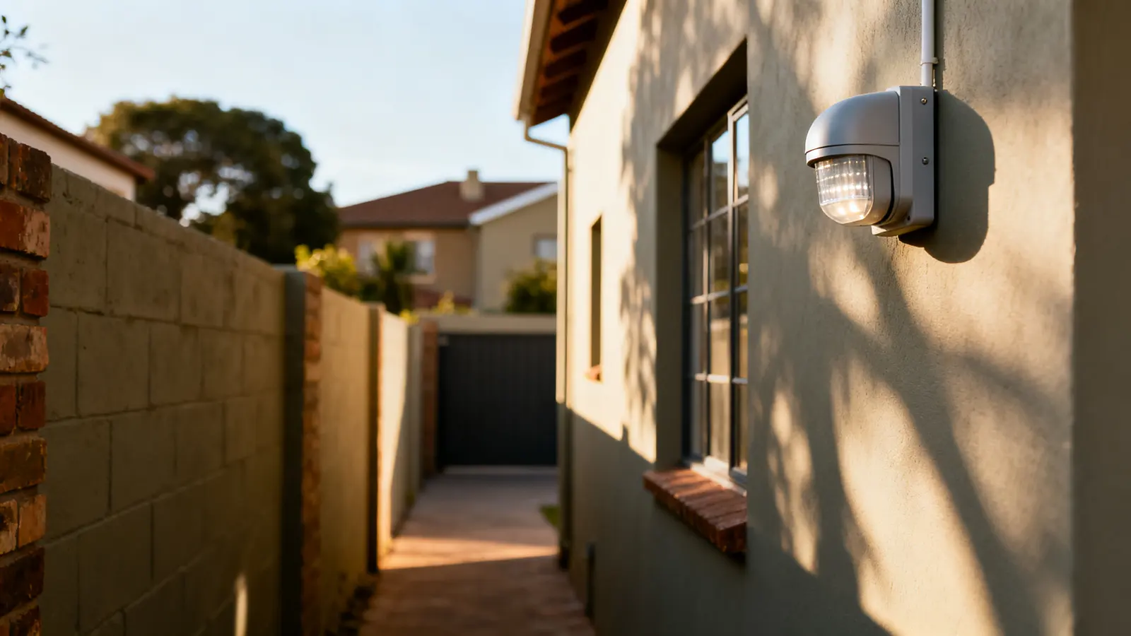 House behind a boundary wall at dusk with an alarm siren box and outdoor beam detectors