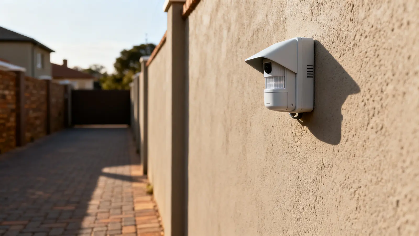 House behind a boundary wall at dusk with an alarm siren box and outdoor beam detectors