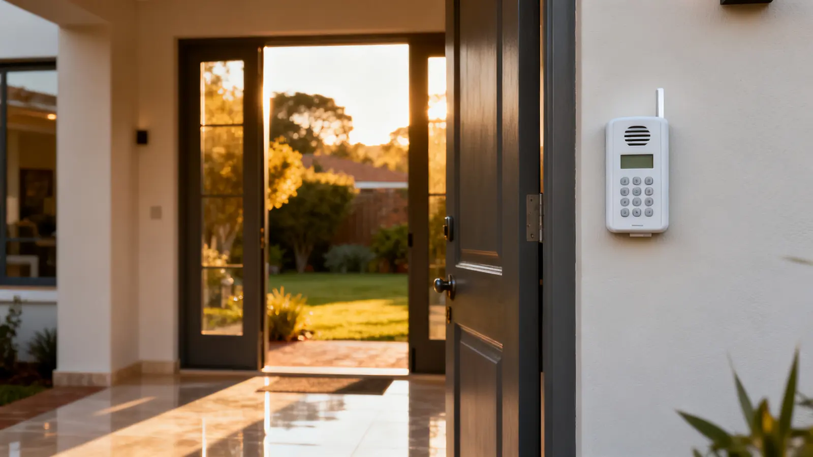 House behind a boundary wall at dusk with an alarm siren box and outdoor beam detectors
