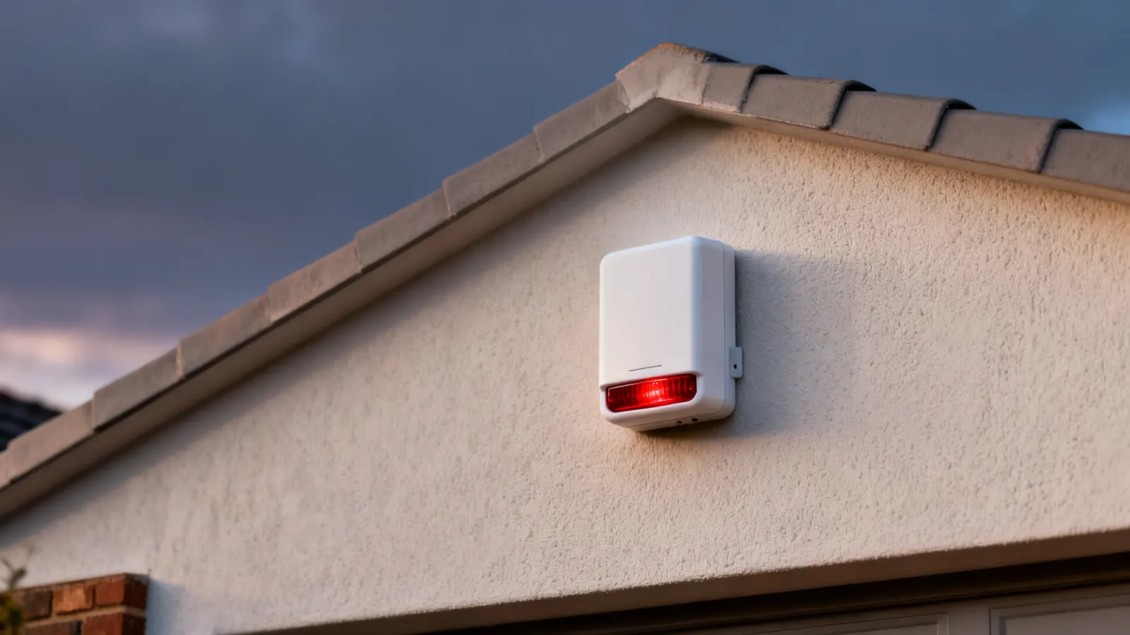 House behind a boundary wall at dusk with an alarm siren box and outdoor beam detectors