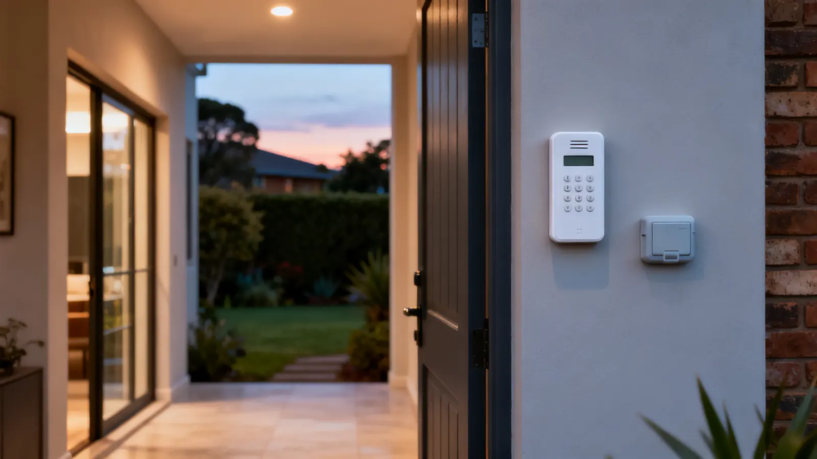 House behind a boundary wall at dusk with an alarm siren box and outdoor beam detectors