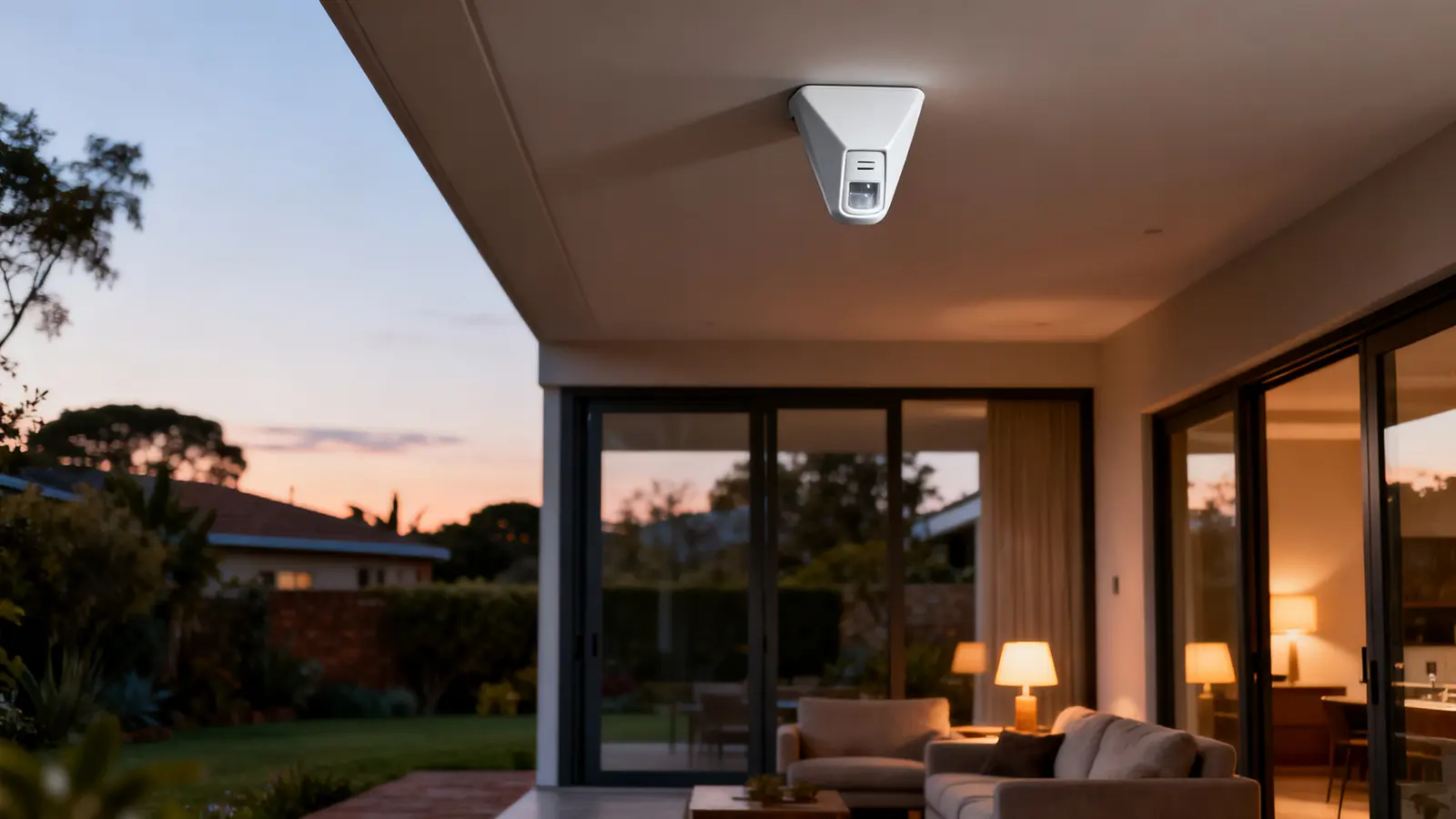 House behind a boundary wall at dusk with an alarm siren box and outdoor beam detectors