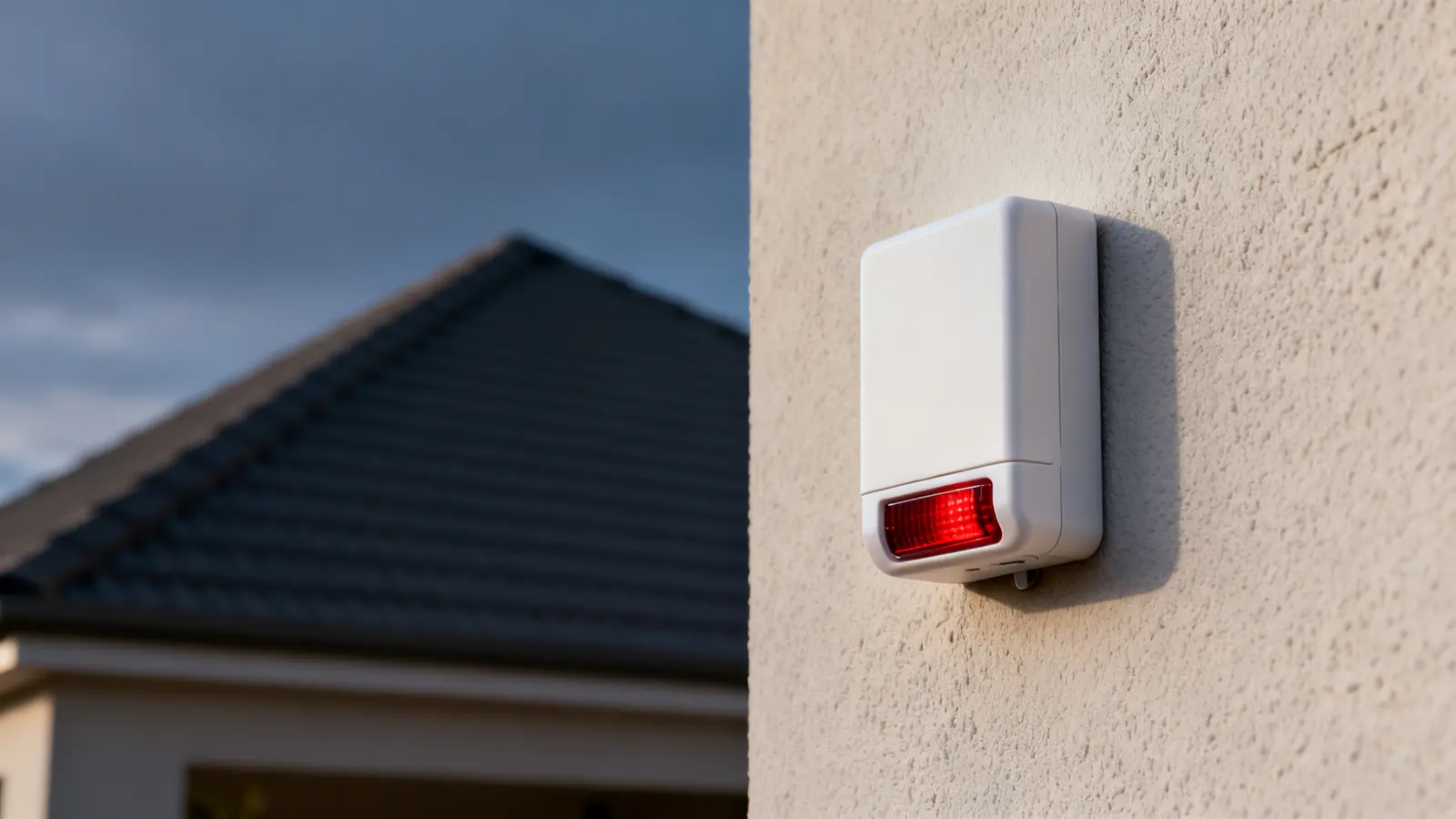 House behind a boundary wall at dusk with an alarm siren box and outdoor beam detectors