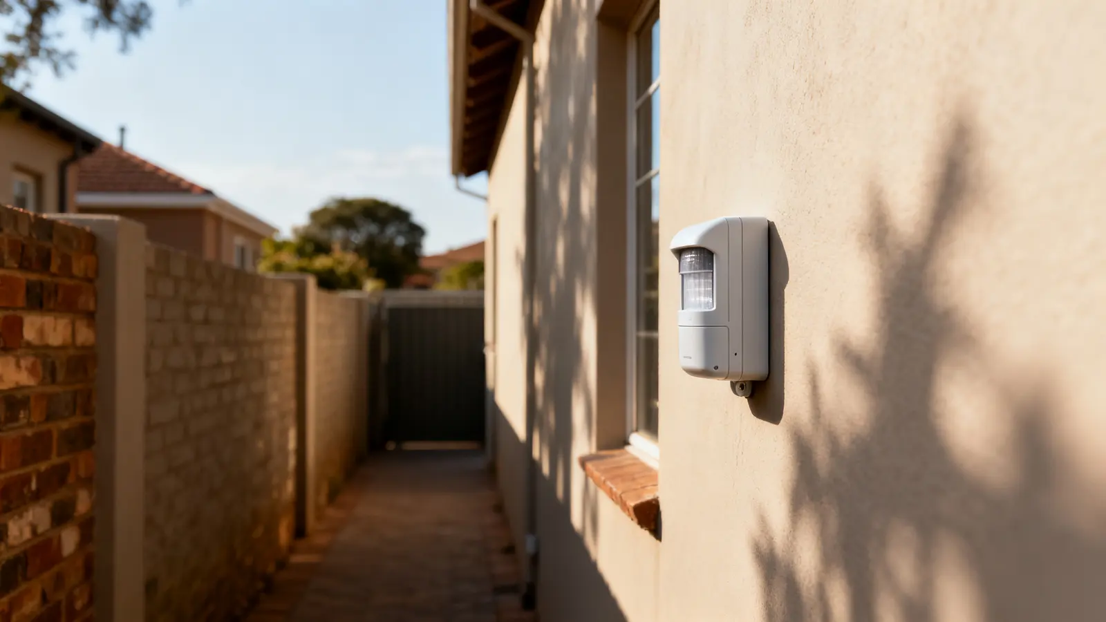 House behind a boundary wall at dusk with an alarm siren box and outdoor beam detectors