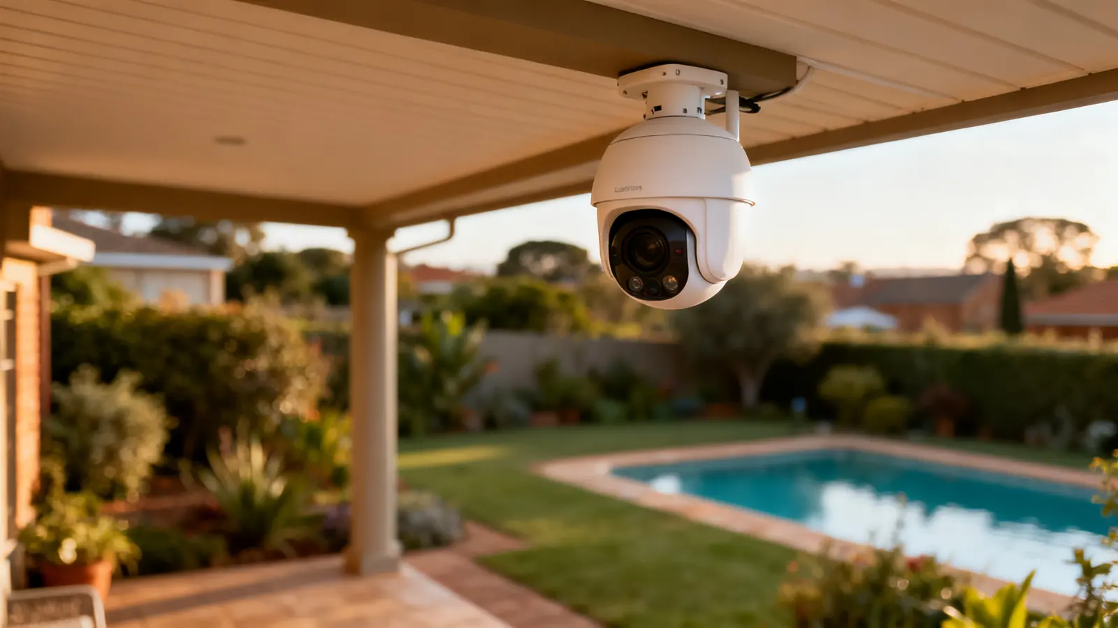 Security camera mounted on a house wall overlooking the driveway