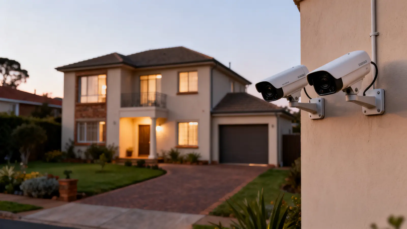 Security camera mounted on a house wall overlooking the driveway