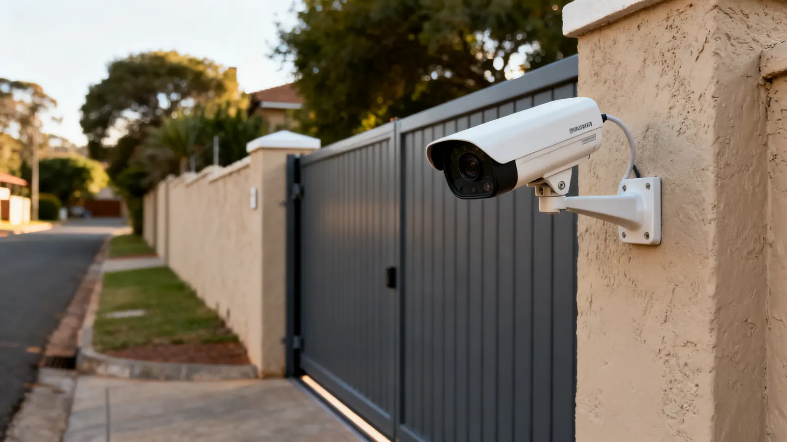 Security camera mounted on a house wall overlooking the driveway