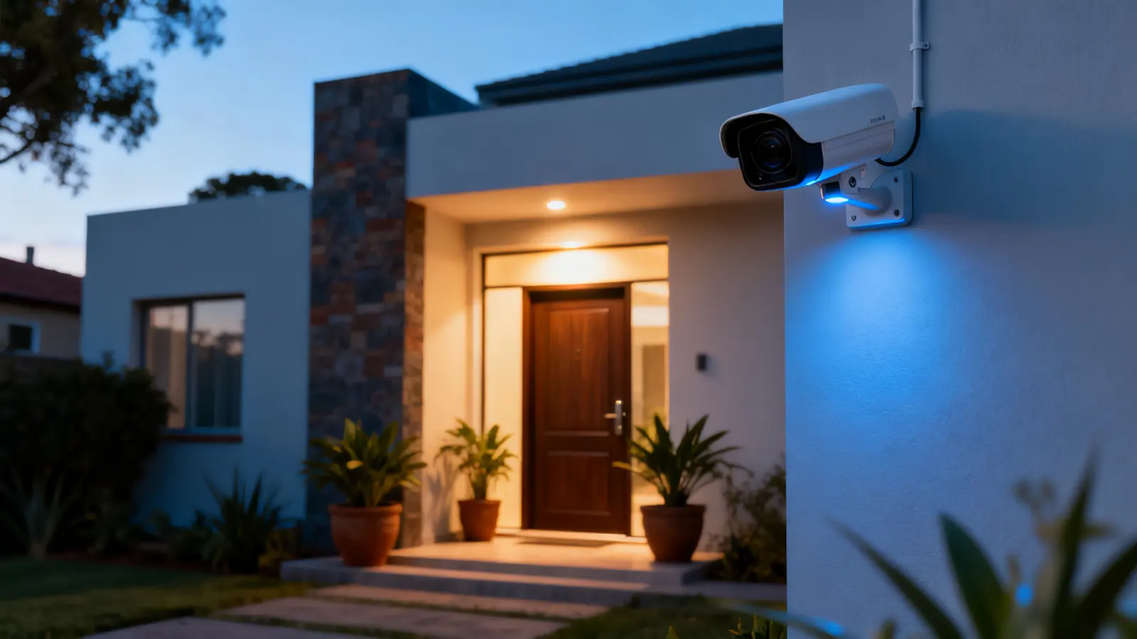 Security camera mounted on a house wall overlooking the driveway