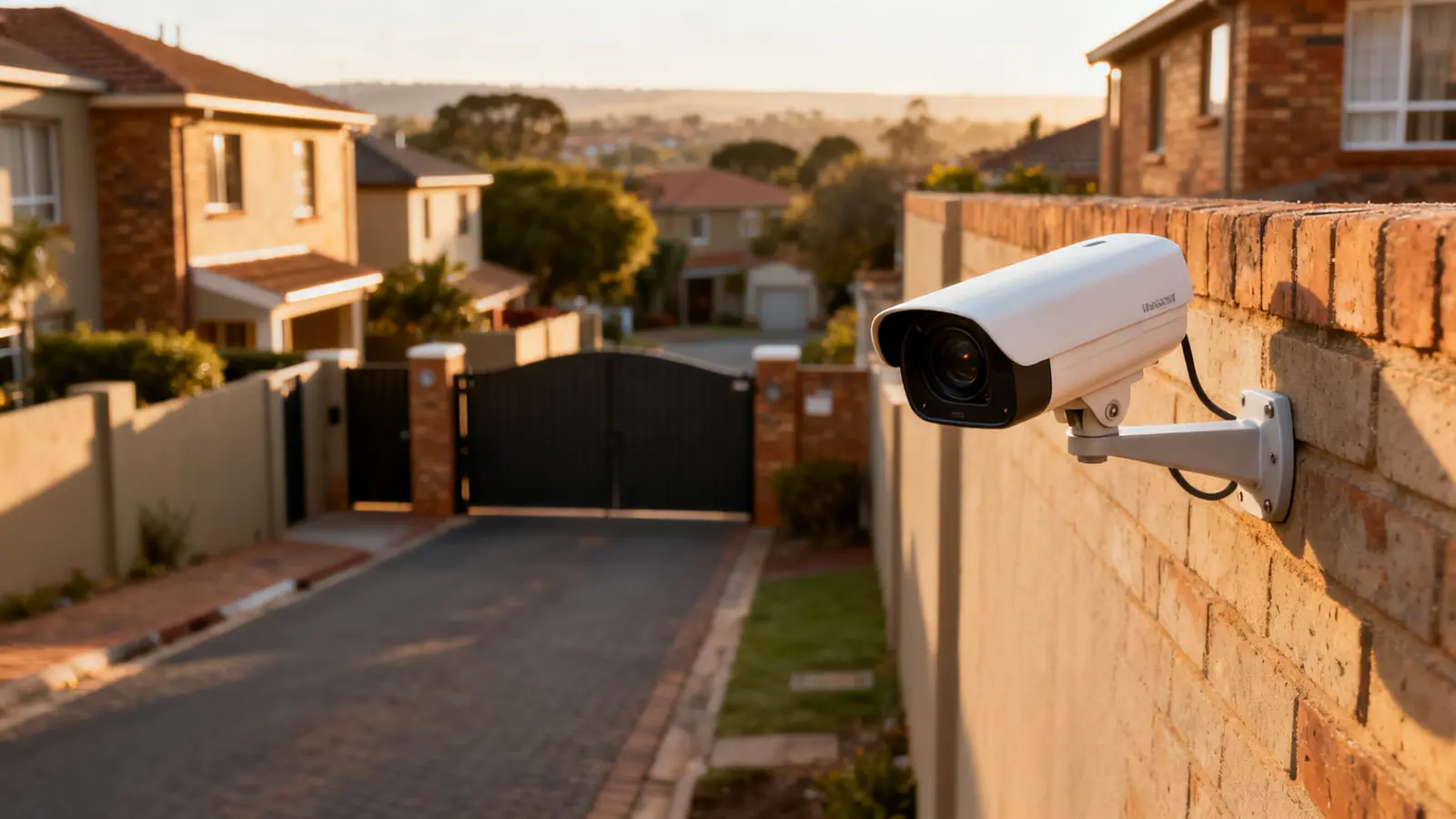 Security camera mounted on a house wall overlooking the driveway
