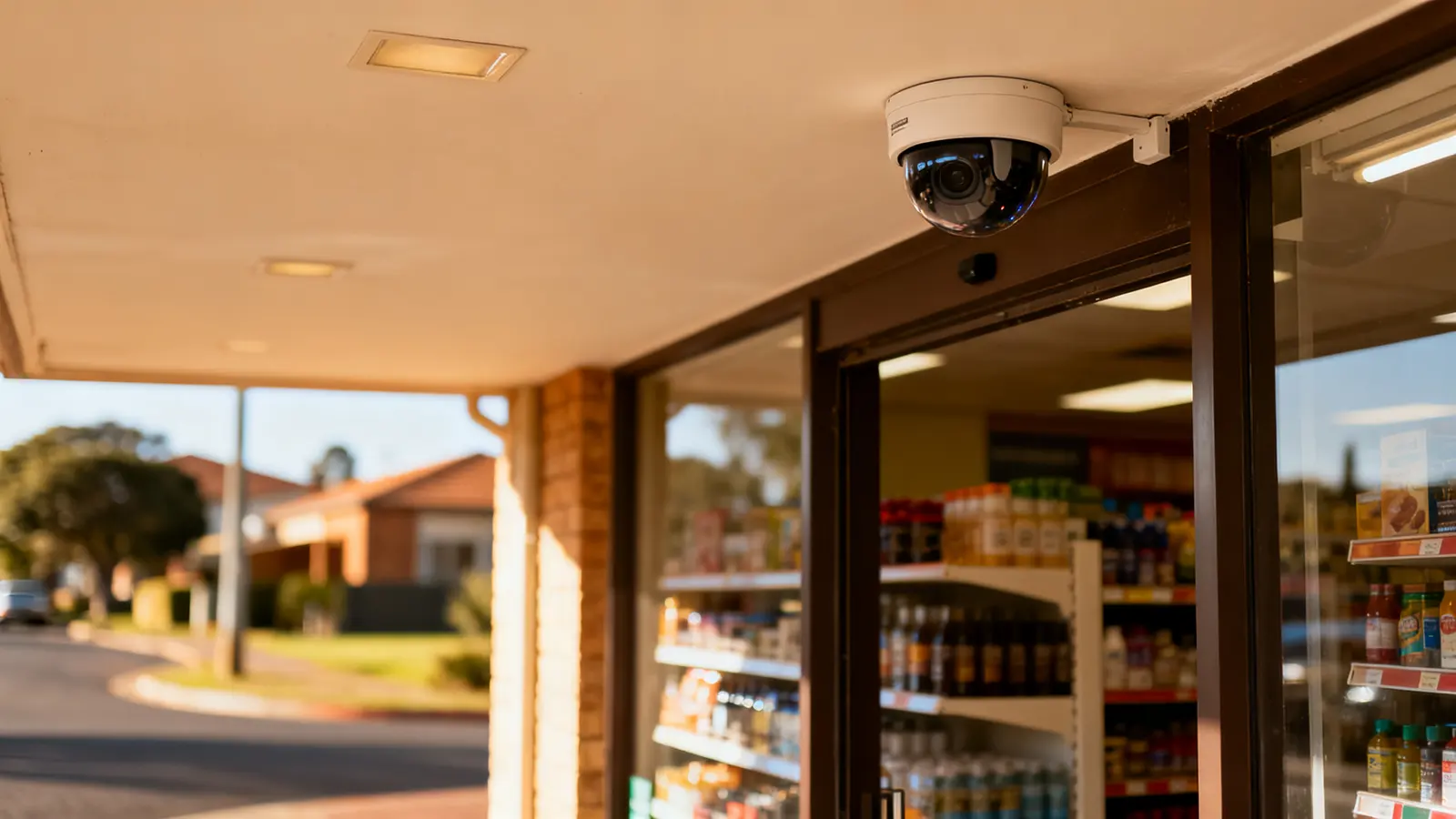 Security camera mounted on a house wall overlooking the driveway