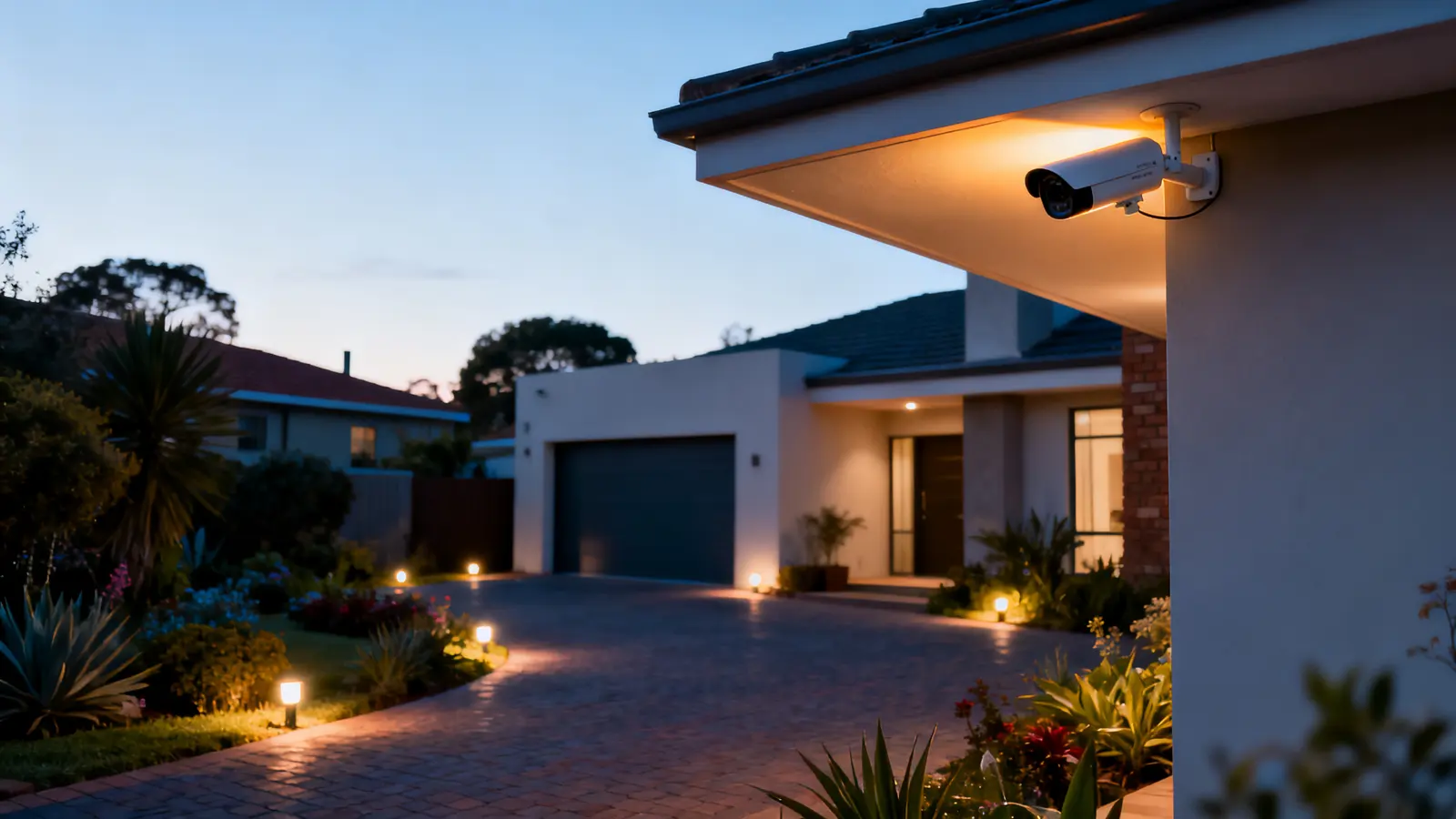 Security camera mounted on a house wall overlooking the driveway