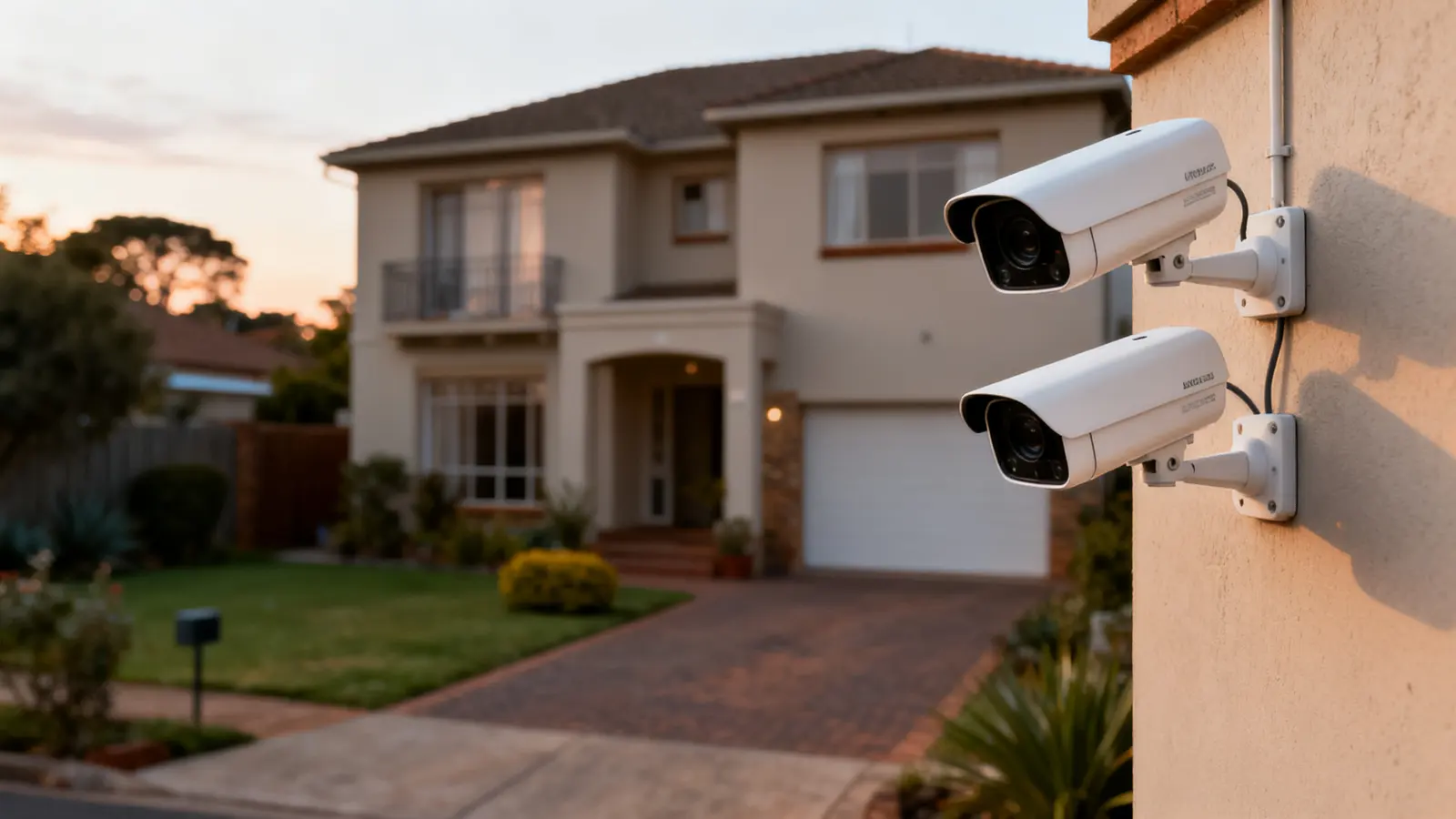 Security camera mounted on a house wall overlooking the driveway