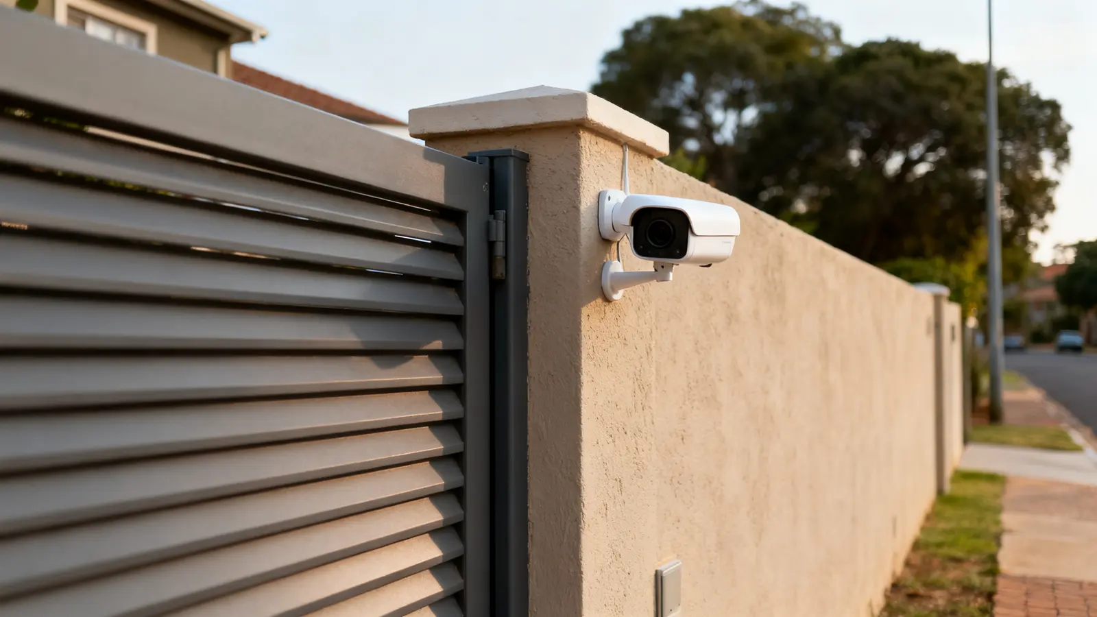Security camera mounted on a house wall overlooking the driveway
