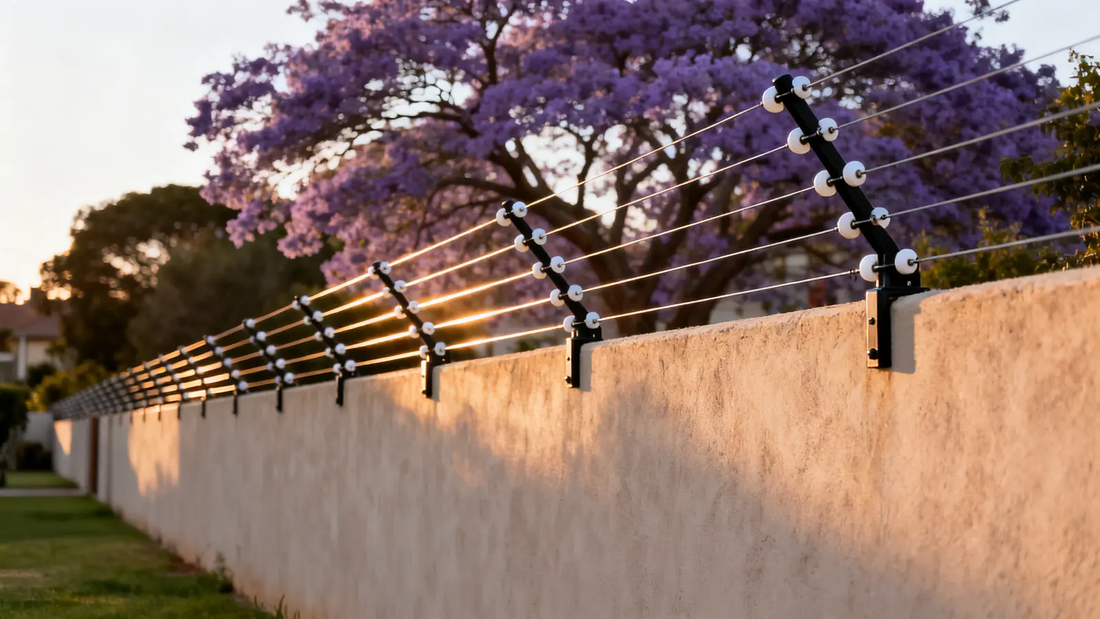 Electric fence strands along the top of a boundary wall