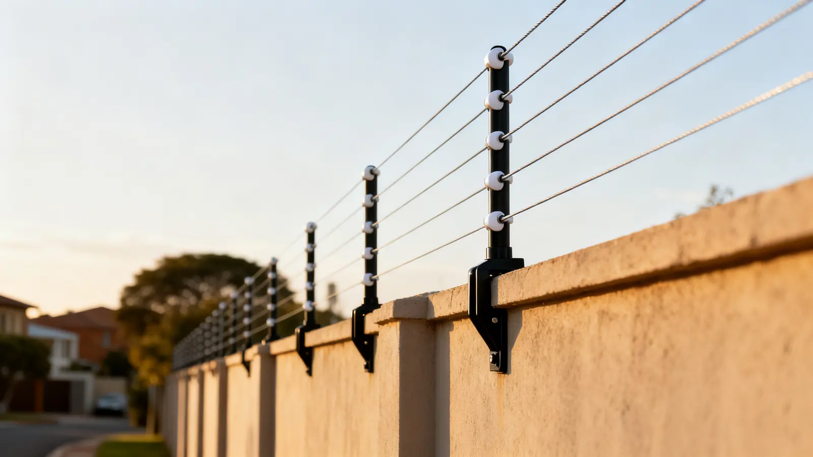 Electric fence strands along the top of a boundary wall