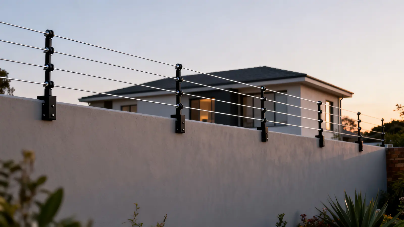 Electric fence strands along the top of a boundary wall