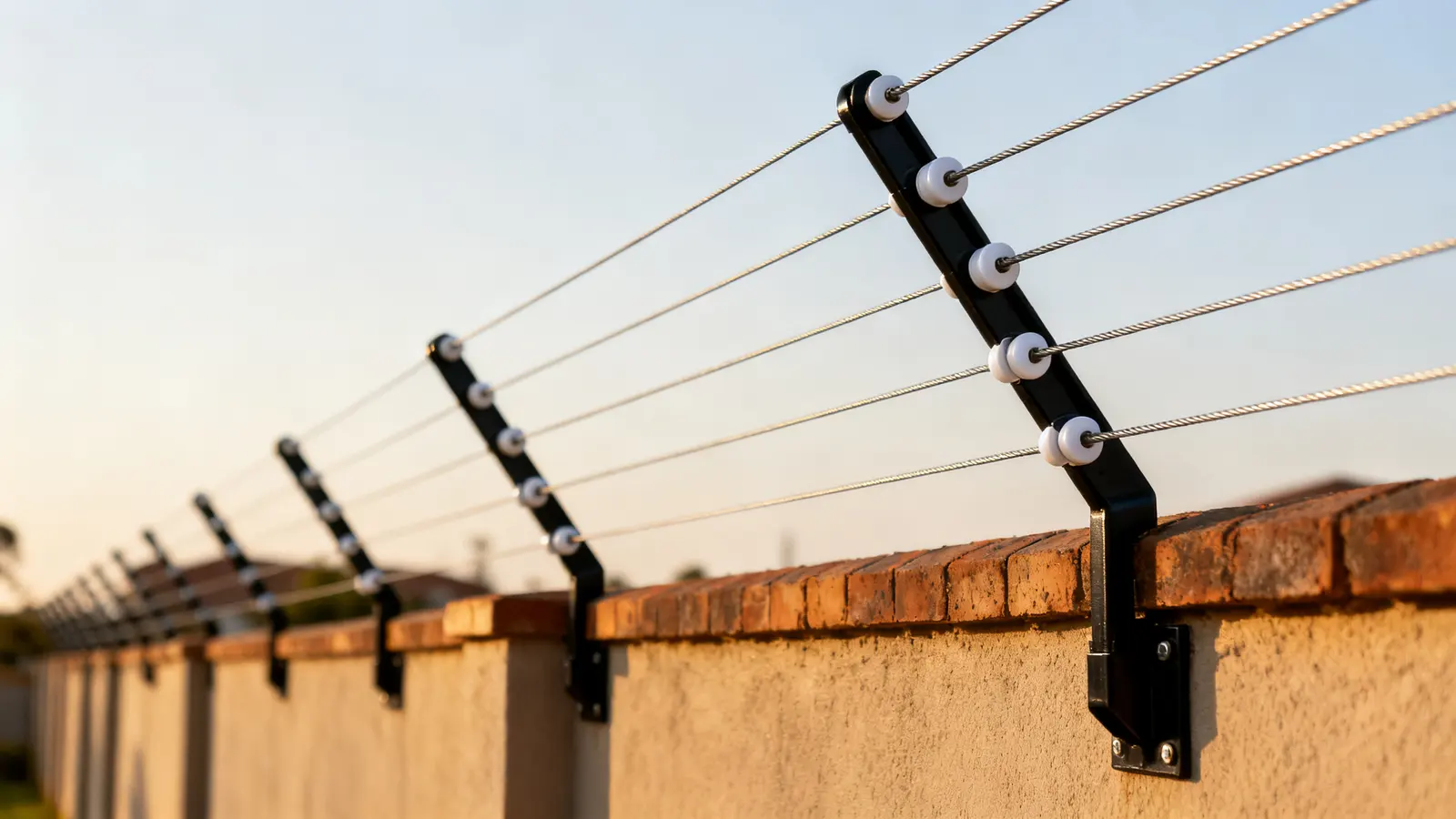 Electric fence strands along the top of a boundary wall