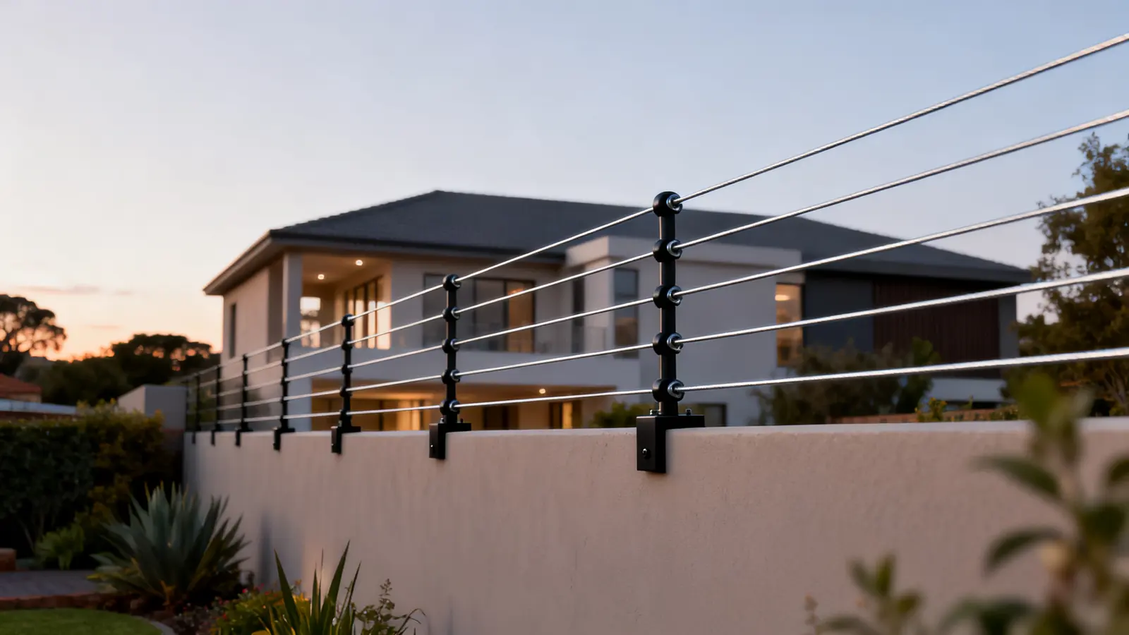 Electric fence strands along the top of a boundary wall
