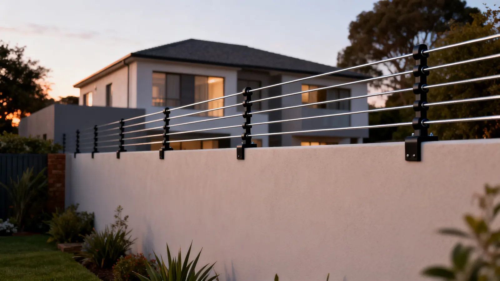 Electric fence strands along the top of a boundary wall
