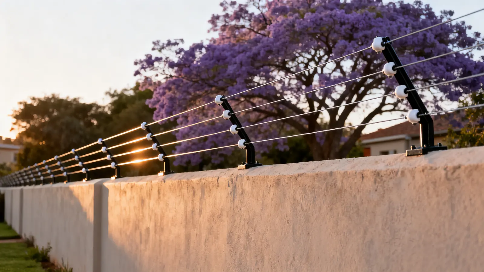 Electric fence strands along the top of a boundary wall