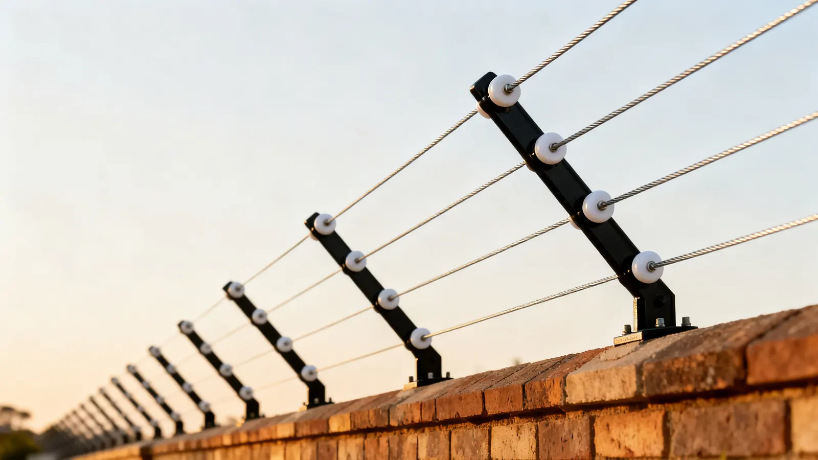 Electric fence strands along the top of a boundary wall