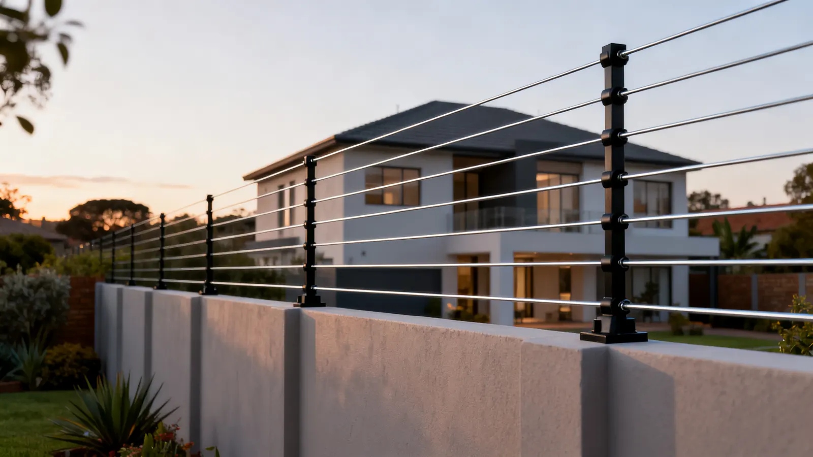 Electric fence strands along the top of a boundary wall