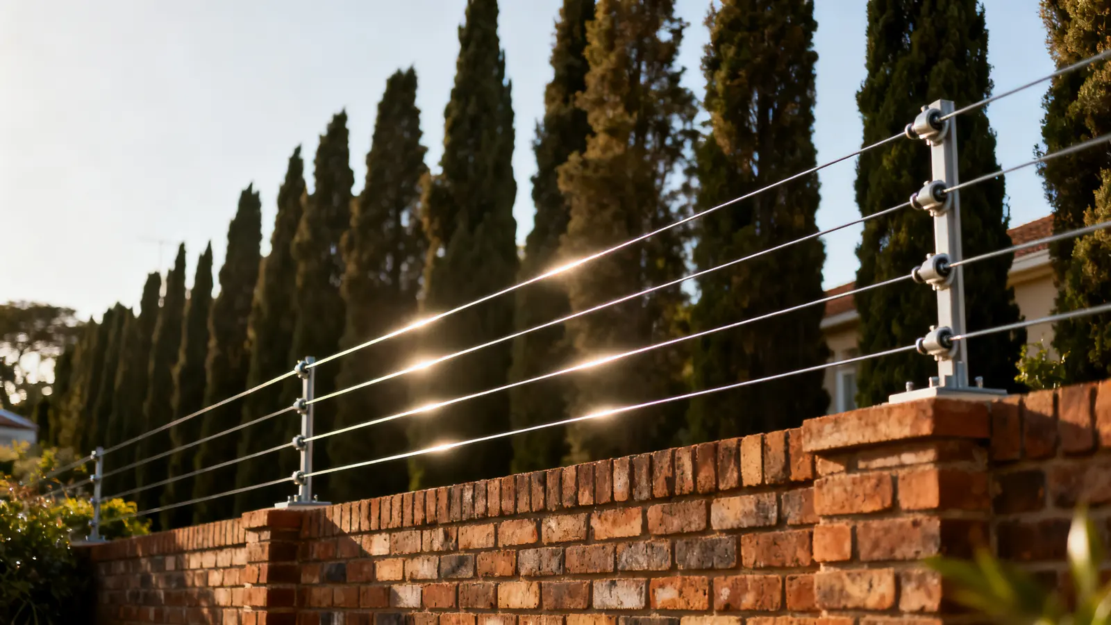 Electric fence strands along the top of a boundary wall