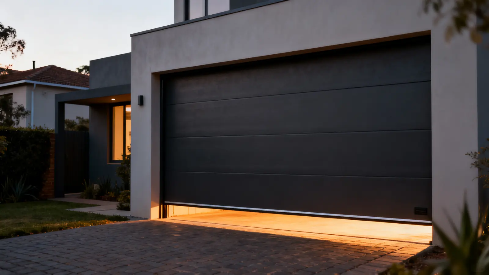 Modern garage door on a house with a paved driveway