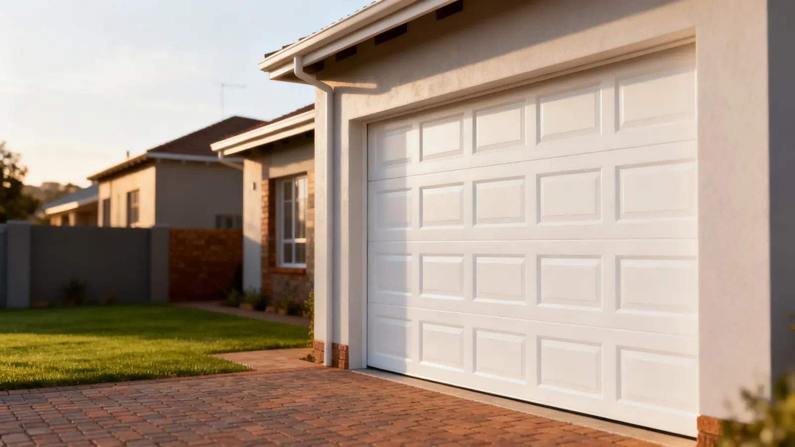 Modern garage door on a house with a paved driveway