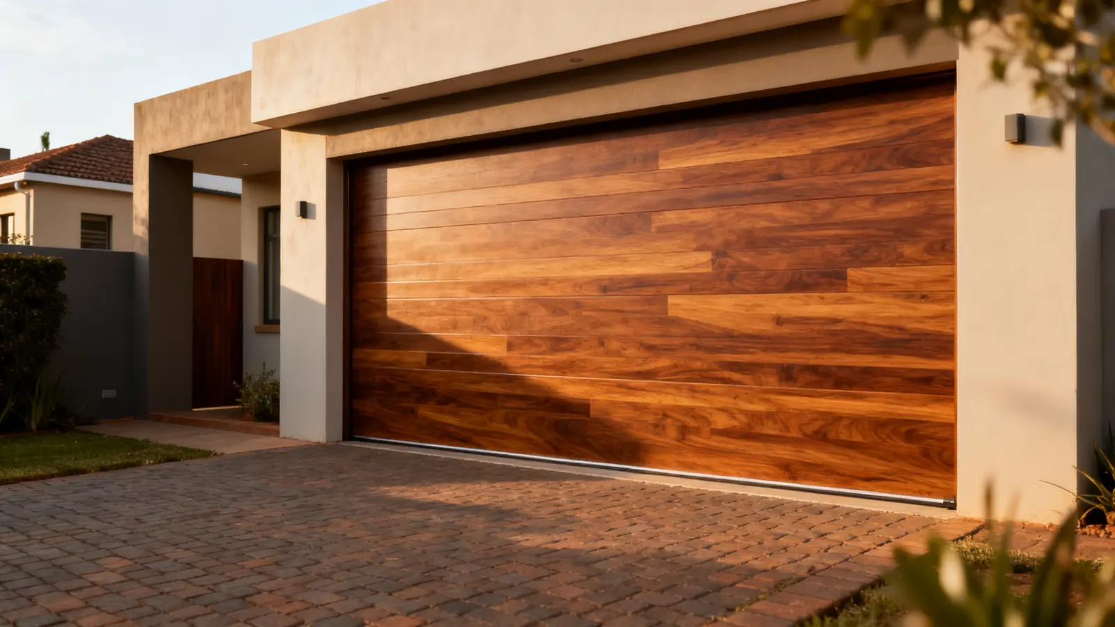 Modern garage door on a house with a paved driveway