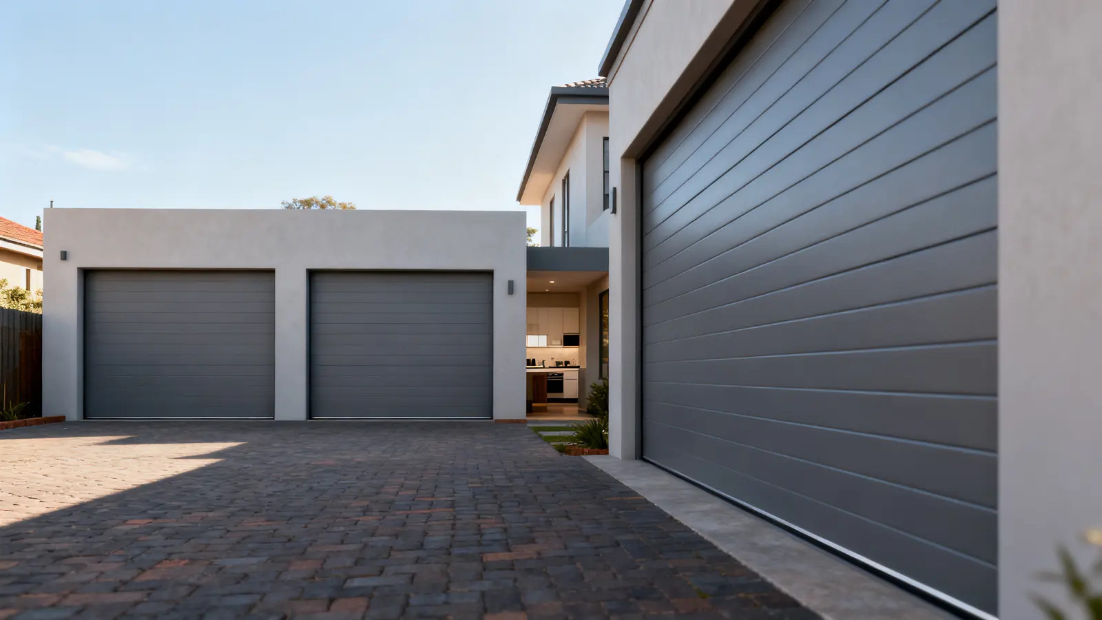 Modern garage door on a house with a paved driveway