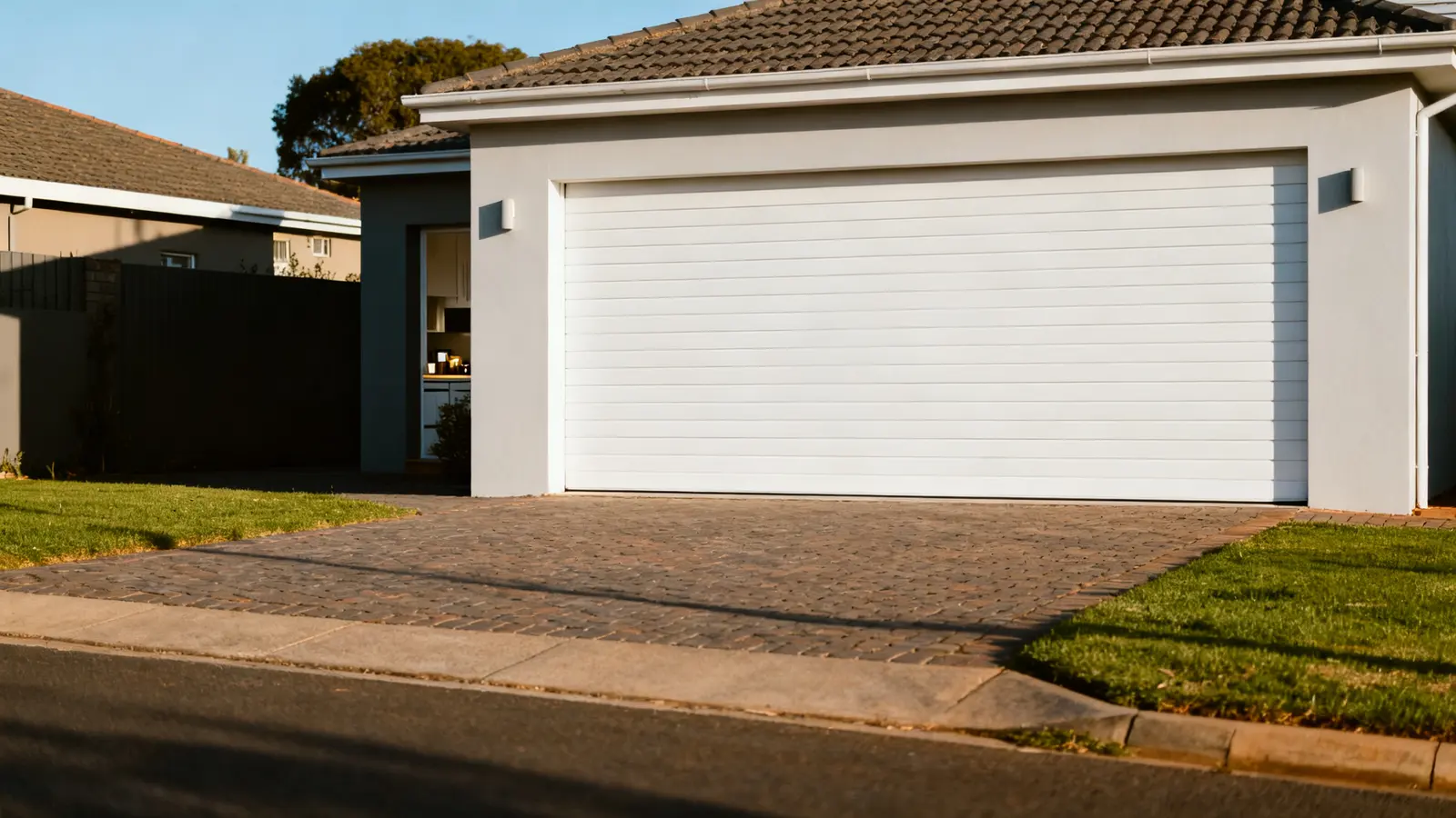 Modern garage door on a house with a paved driveway
