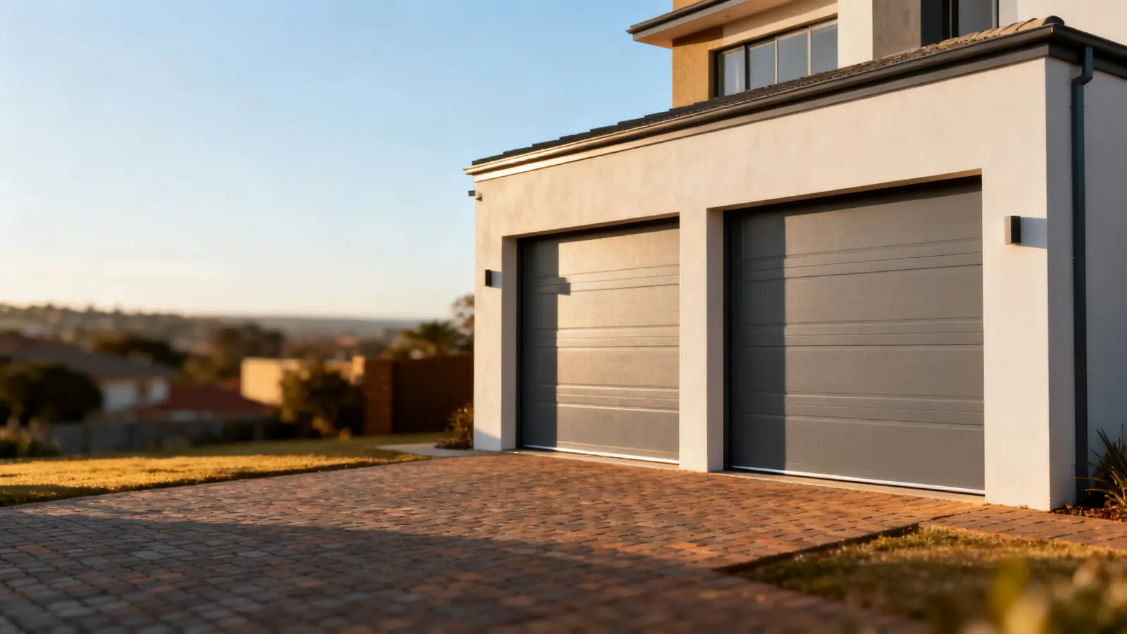 Modern garage door on a house with a paved driveway